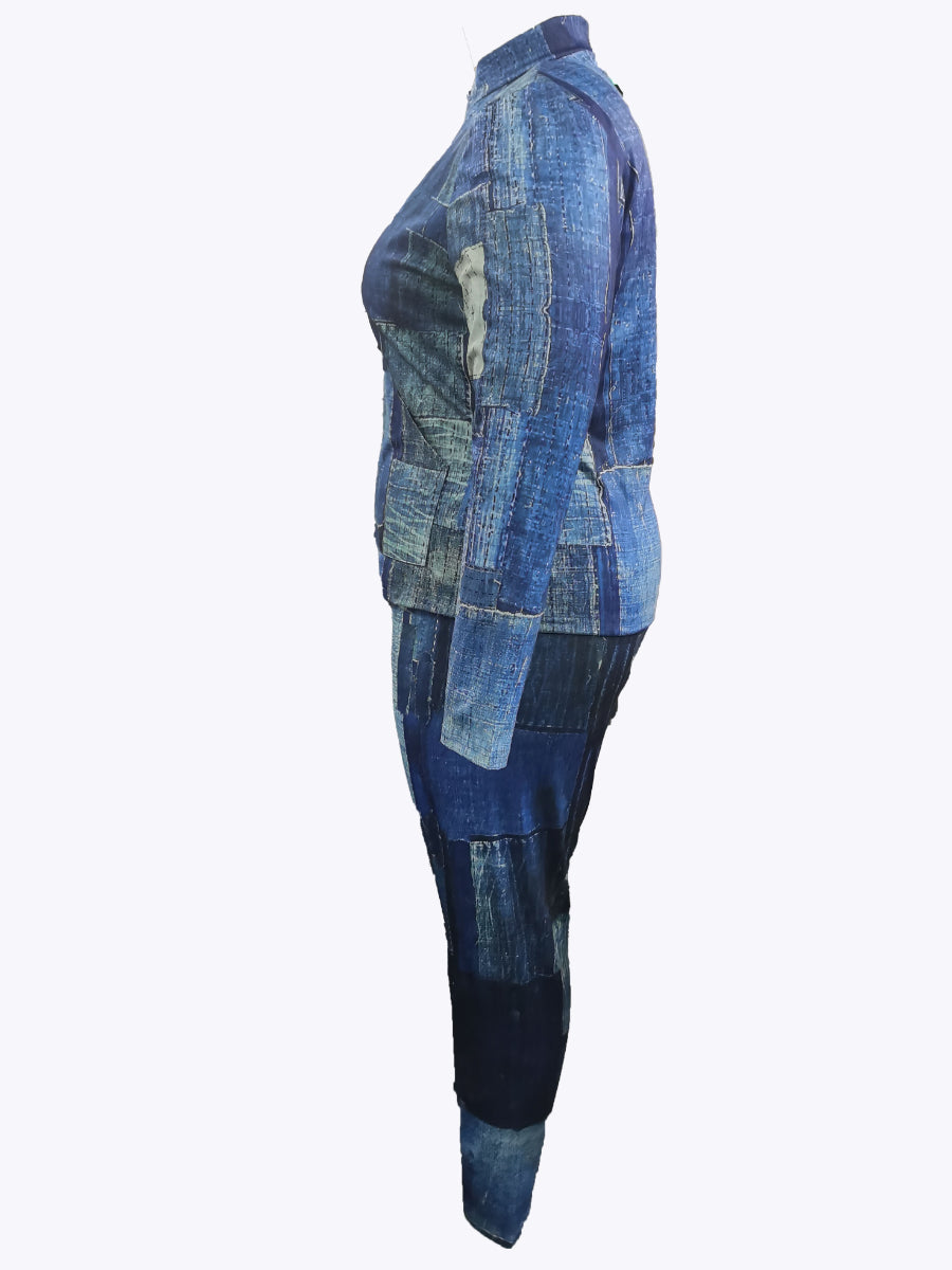 Plus Size Imitaton Denim Pocket Design Regular Fit Pants Set BO211