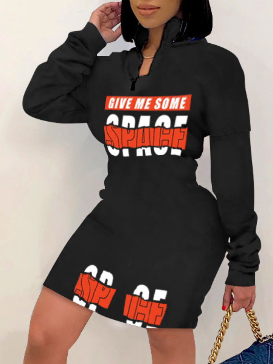 Letter Print Zipper Design Sweat Dress BO5056 Furdela