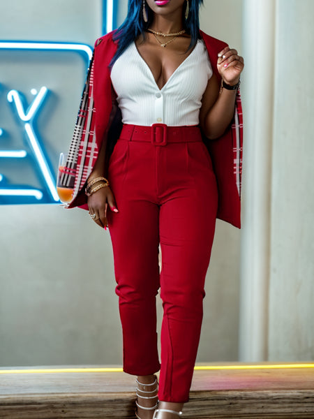 Plus Size Letter Print Belt Design Blazer Pants Set BO3021