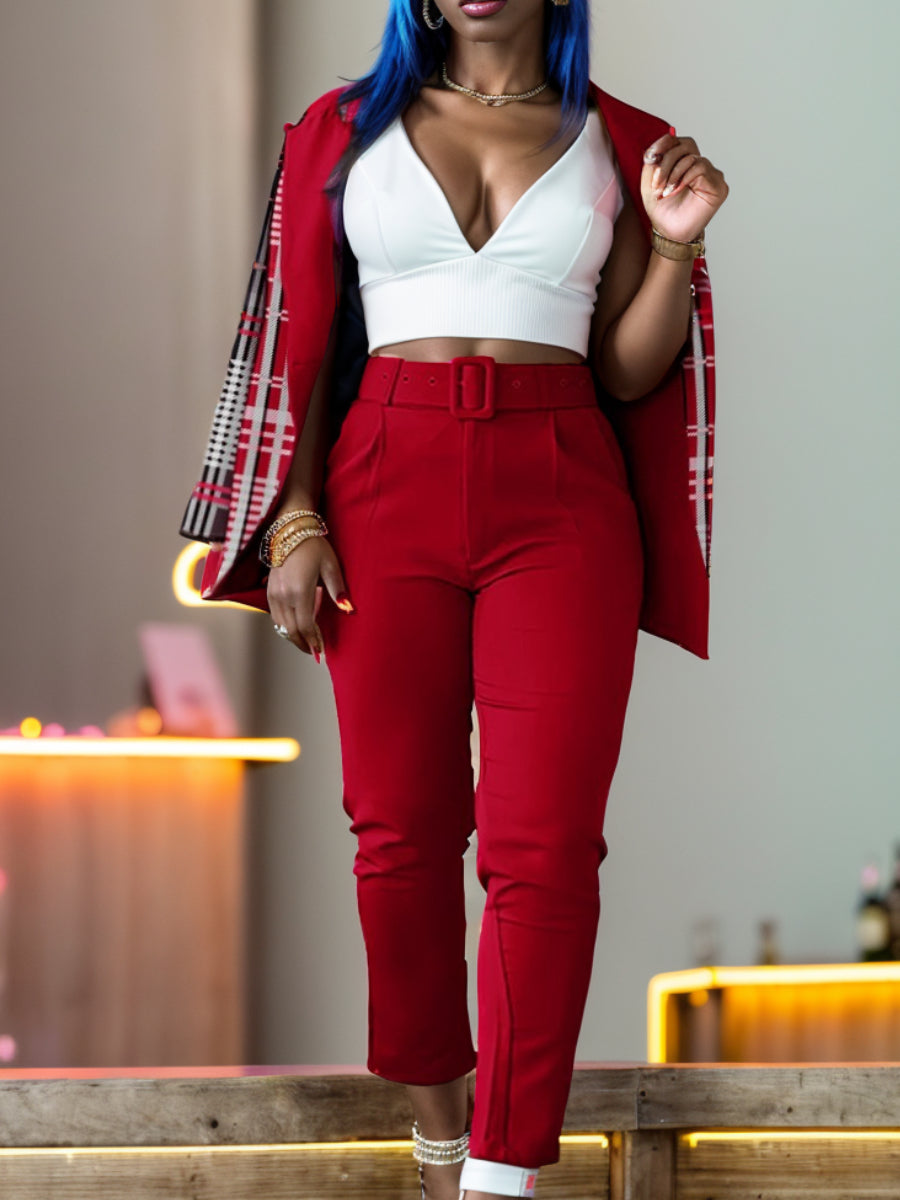 Plus Size Letter Print Belt Design Blazer Pants Set BO3021