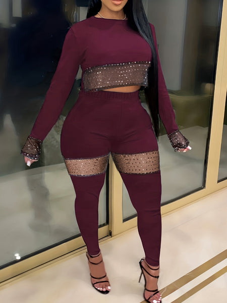 Plus Size Crop Top Sequined Pants Set BO2156