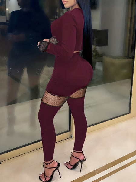 Plus Size Crop Top Sequined Pants Set BO2156