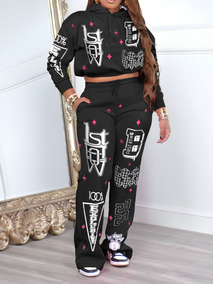 Hooded Collar Pocket Design Letter Print Pants Set BO5059 Furdela