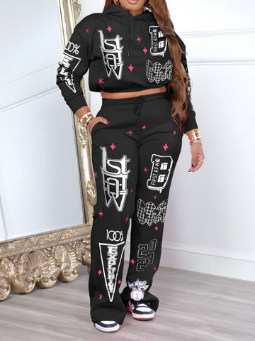 Hooded Collar Pocket Design Letter Print Pants Set BO5059 Furdela