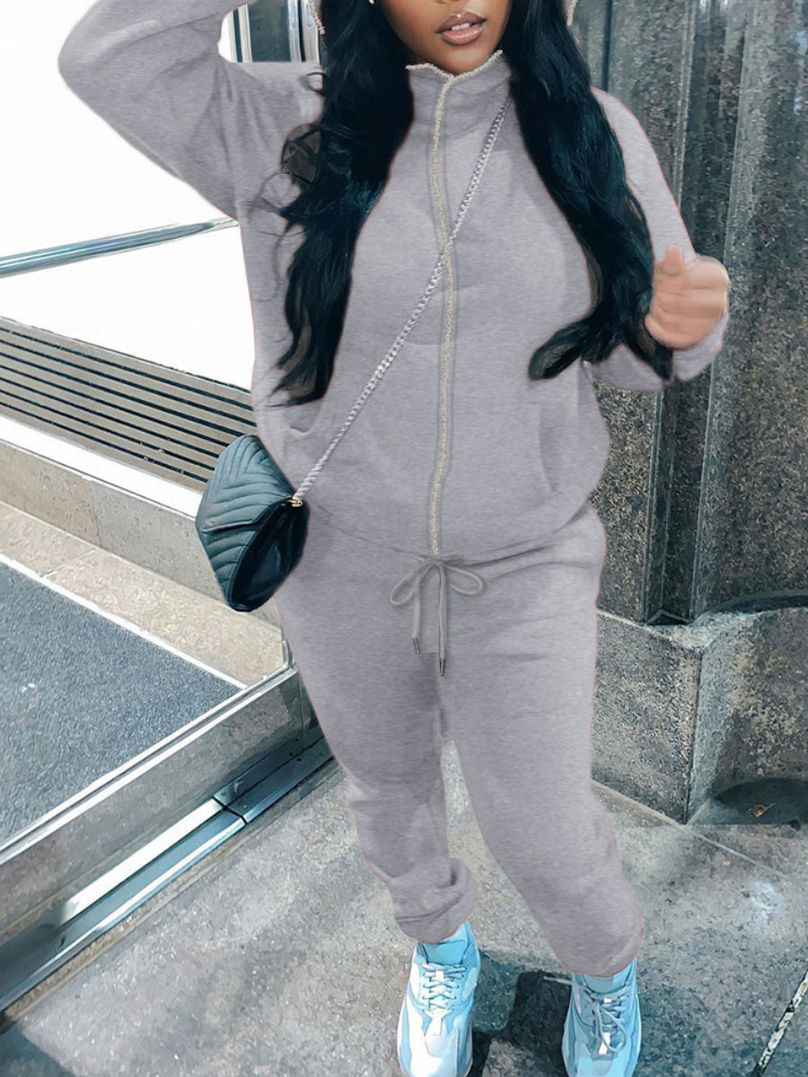 BASICS Plus Size Kangaroo Pocket Drawstring Tracksuit Set BO3028