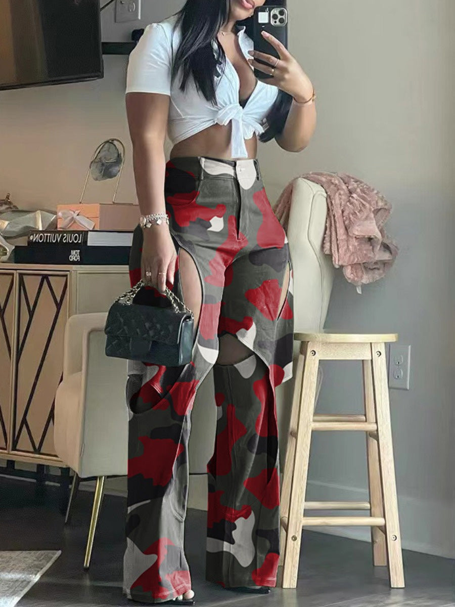 Camo Print Cut Out Loose Cargo Pants BO5016 Furdela