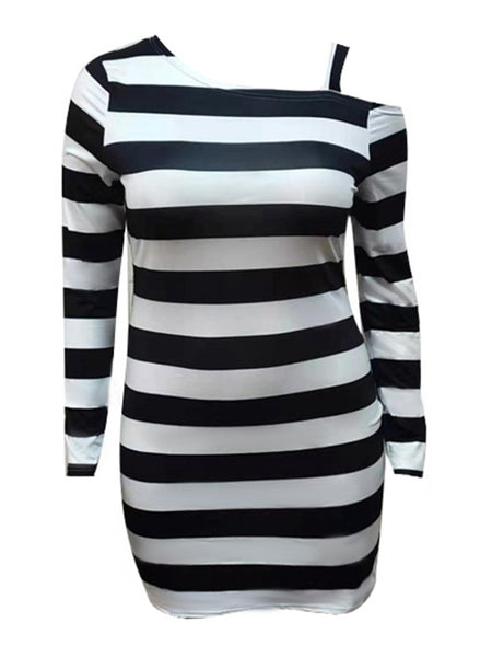Plus Size Inclined Neck Striped Bodycon Dress BO5029 Furdela