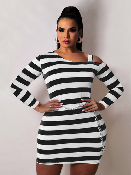 Plus Size Inclined Neck Striped Bodycon Dress BO5029 Furdela