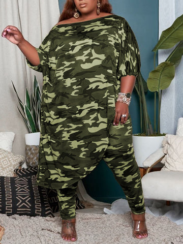 Plus Size Camo Print Asymmetrical Loose Pants Set BO5025 Furdela