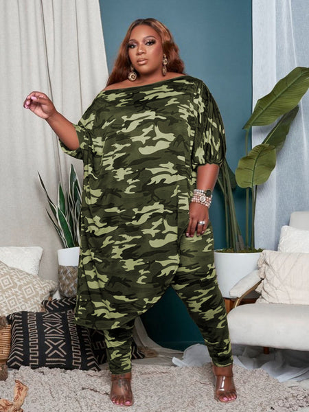 Plus Size Camo Print Asymmetrical Loose Pants Set BO5025 Furdela