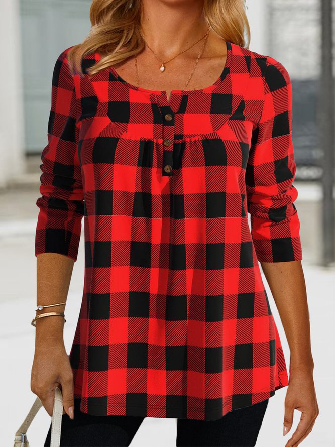 Women Christmas Plaid Loose Crew Neck Red Plaid Tunic Top PJ6 - Furdela