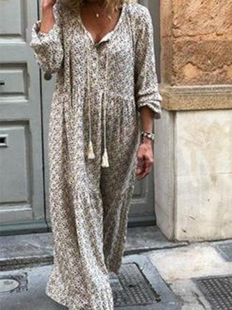 Women Shift Boho Floral Maxi Weaving Dress Long Sleeve V Neck Daily Weaving Dress MMr19