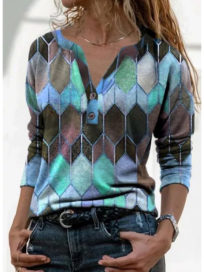 JFN V Neck Geometric Buttoned Casual Long Sleeve Top PJ39