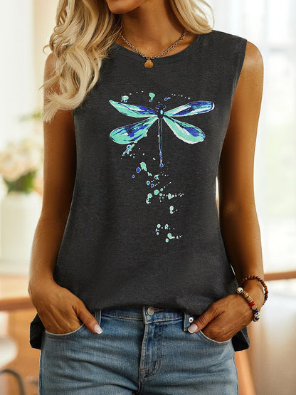 Sleeveless Dragonfly Crew Neck Shirt &amp; Top QAW6