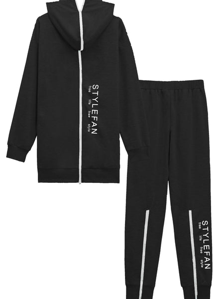 Zipper Back Drop Shoulder Hoodie & Elastic Waist Casual Pants Outfits FY8741 Furdela