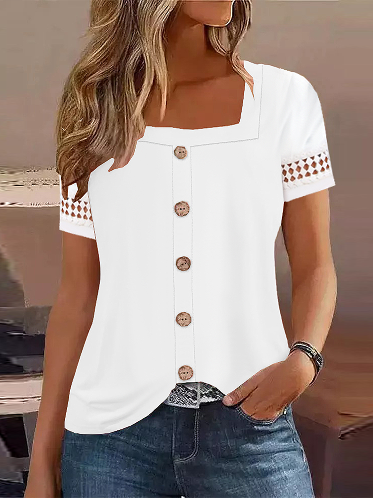 Square Neck Casual Lace Plain Shirt  QH82