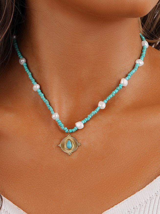 Casual Turquoise Pearl Beaded Necklace Boho Vacation Jewelry cc51