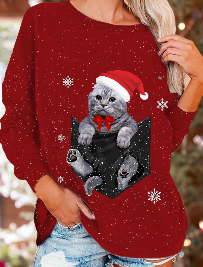 Women Christmas Cute Funny Cat Crew Neck Sweatshirt Top PJ31 - Furdela