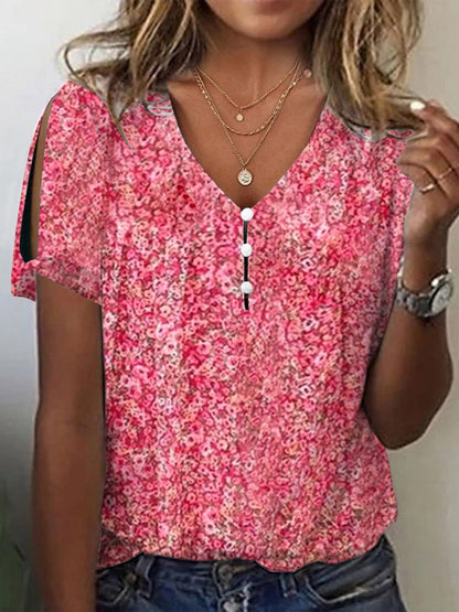 V Neck Floral Buttoned Elegant T-Shirt  cc170