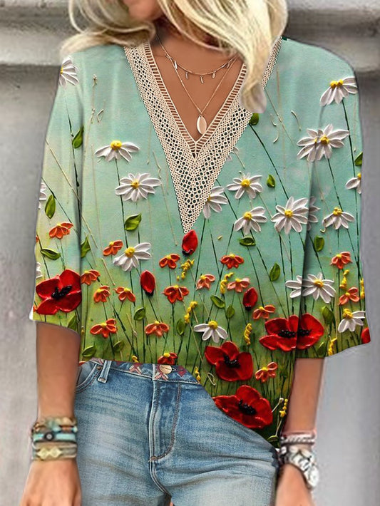 V Neck Lace Casual Floral Shirt UU18