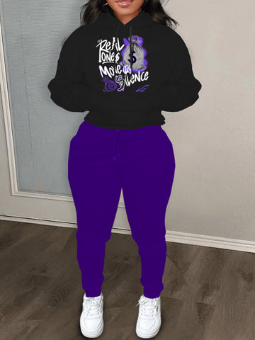Plus Size Money Bag Letter Print Kangaroo Pocket Tracksuit Set BO50104 Furdela