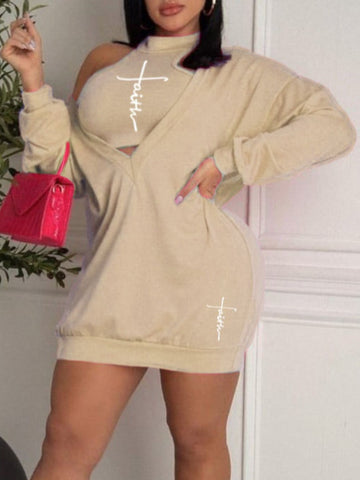V Neck Faith Letter Print Sweat Dress (With Camisole) BO5017 Furdela