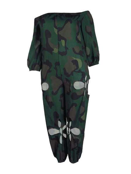 Plus Size Off The Shoulder Camo Print Cut Out Jumpsuit AR5022