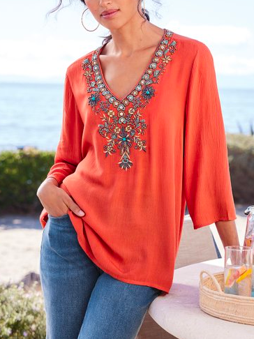 V Neck Ethnic Cotton Vacation Shirt UU32