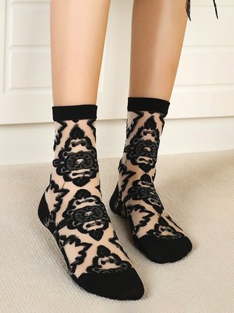 Lace Mesh Floral Pattern Cotton Socks Crystal Socks Daily Casual Accessories VT52