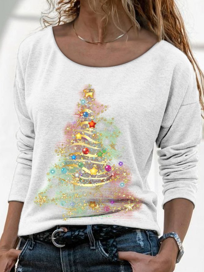 JFN Women Crew Neck Casual Shining Christmas Tree Top PJ13 - Furdela