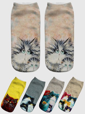 Casual Contrast Color Cat Pattern Socks Set Versatile Everyday Accessories VT15