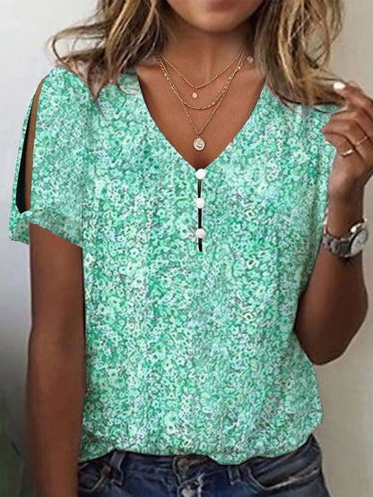 V Neck Floral Buttoned Elegant T-Shirt  cc170