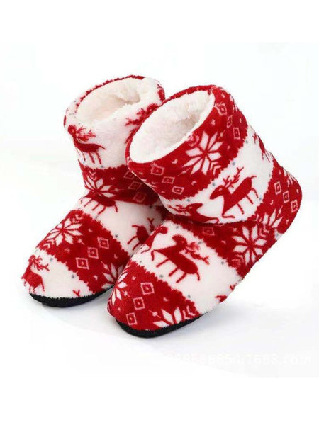 Women's Christmas Non-Slip Printing Warm Home Flat Heel Boots PJ60