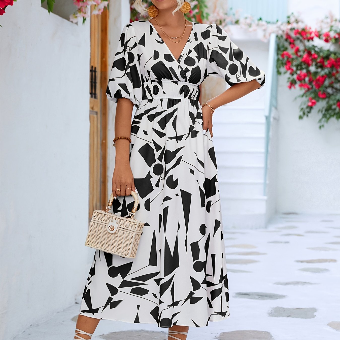 Geometric Print Puff Sleeve Dress, V Neck Short Sleeve Dress, Casual Every Day Dress, Women's Clothi AE109