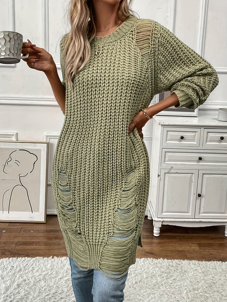 Solid Crew Neck Ripped Split Pullover Sweater FH9741 Furdela