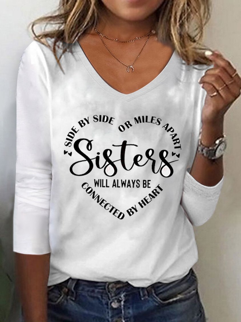 Women Sister Text Letters Regular Fit Casual V Neck T-Shirt MMy26