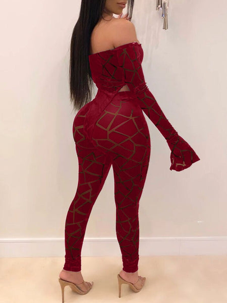 SXY Off The Shoulder See Through Flared Pants Set BO2141