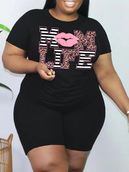Plus Size Lip Letter Print Shorts Set AR5060