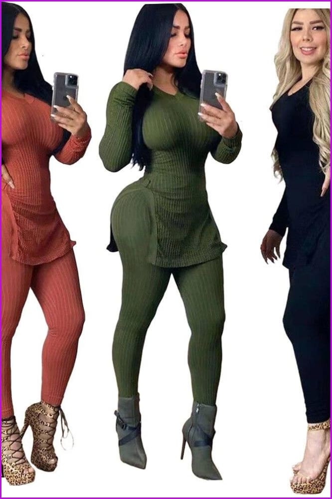 3 Colors Knitting Solid Color Two piece set F1107 - Furdela