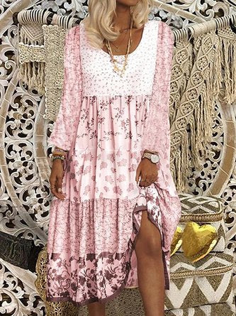 Floral Printed Long Sleeve Sweet Boho Dress AD998