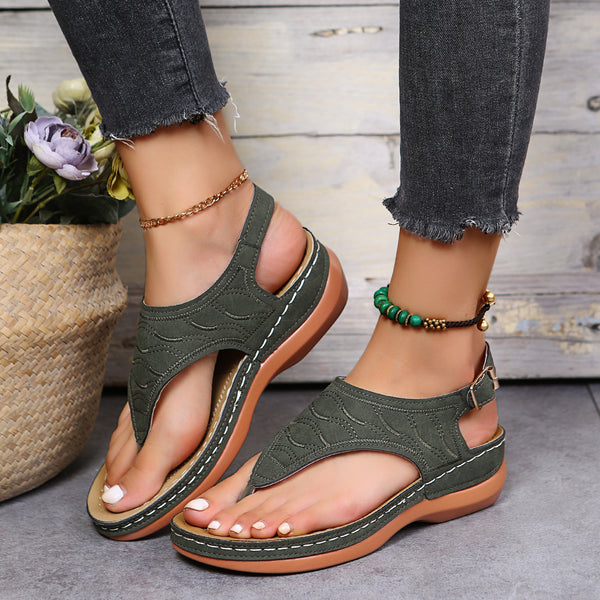 Women's Thone Wedge Sandals, Solid Color Ankle Buckle Strap Slingback Open Toe Shoes, Casual Retro Shoes SE1034