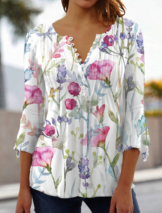 V Neck Floral Flare Sleeve Casual Top OU3