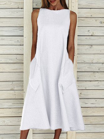 Summer Crew Neck Solid Cotton Blend Sleeveless Pocket Dress QAH9