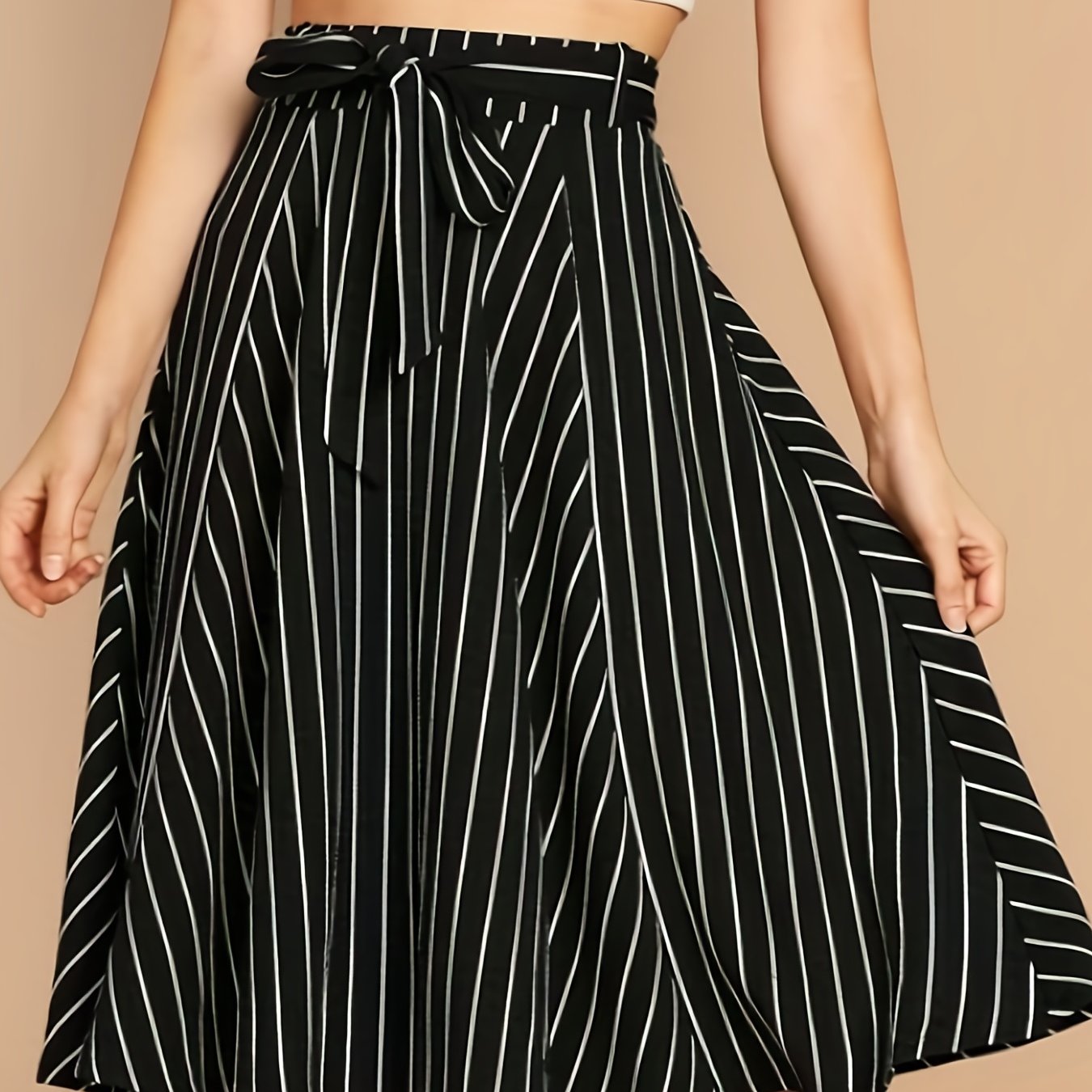 Striped Print Tie Waist Skirts, Elegant Pleated Knee Length Summer Skirts, Women's Clothing AZ10014