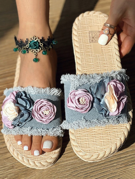 Floral Decor Denim Raw Hem Wide Strap Beach Slippers CC10