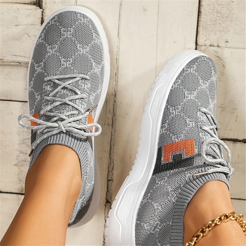 Women's Printed Knit Sock Sneakers, Comfortable &amp; Breathable Lace Up Walking Tennis Shoes, Casual Running Sports Shoes SE1029