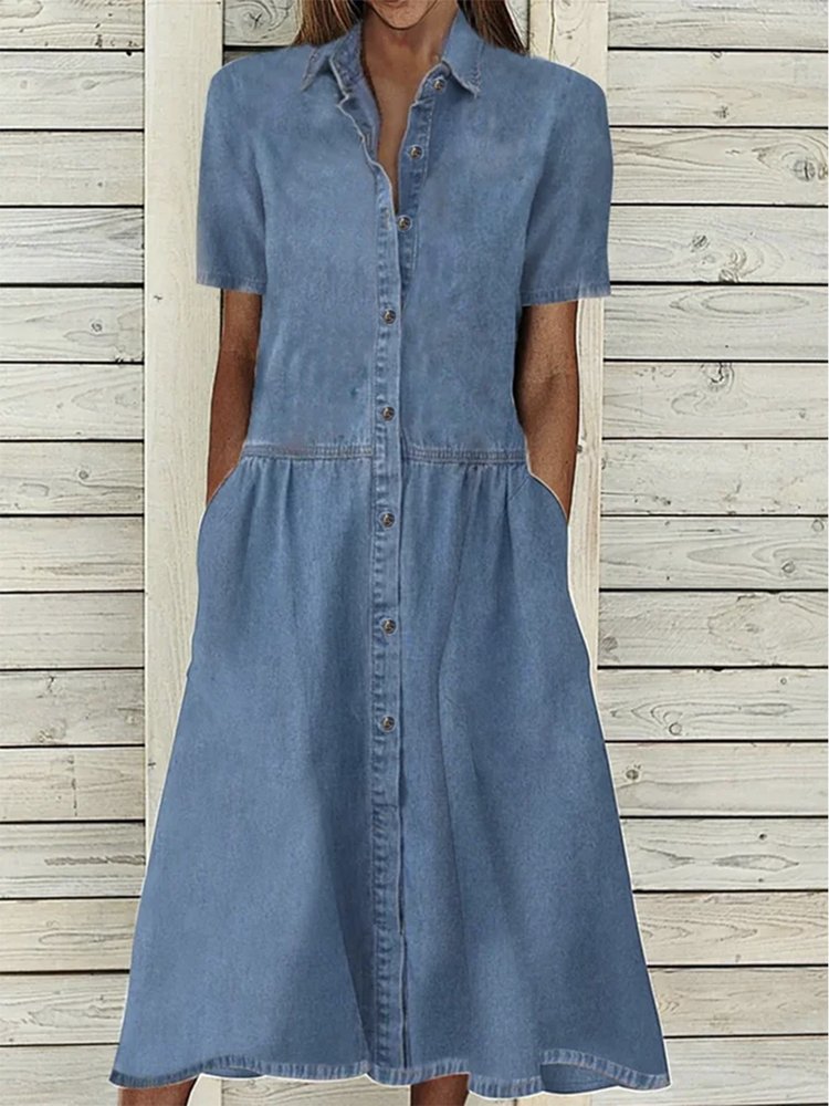 Solid Casual Denim Lapel Short Sleeve Woven Dress  WL30