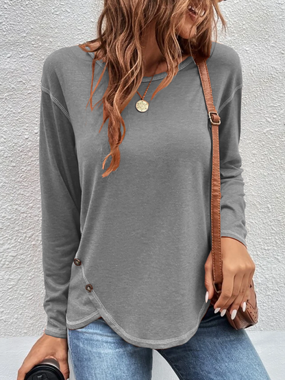 Casual Plain Autumn Cross Neck Micro-Elasticity Jersey Standard Regular H-Line Tunic T-Shirt for Women QAL47