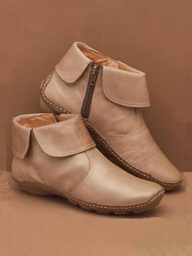 Women Christmas Hemmed Zip Casual Plain Round Toe Short Boots With Flat Heel PJ20 - Furdela