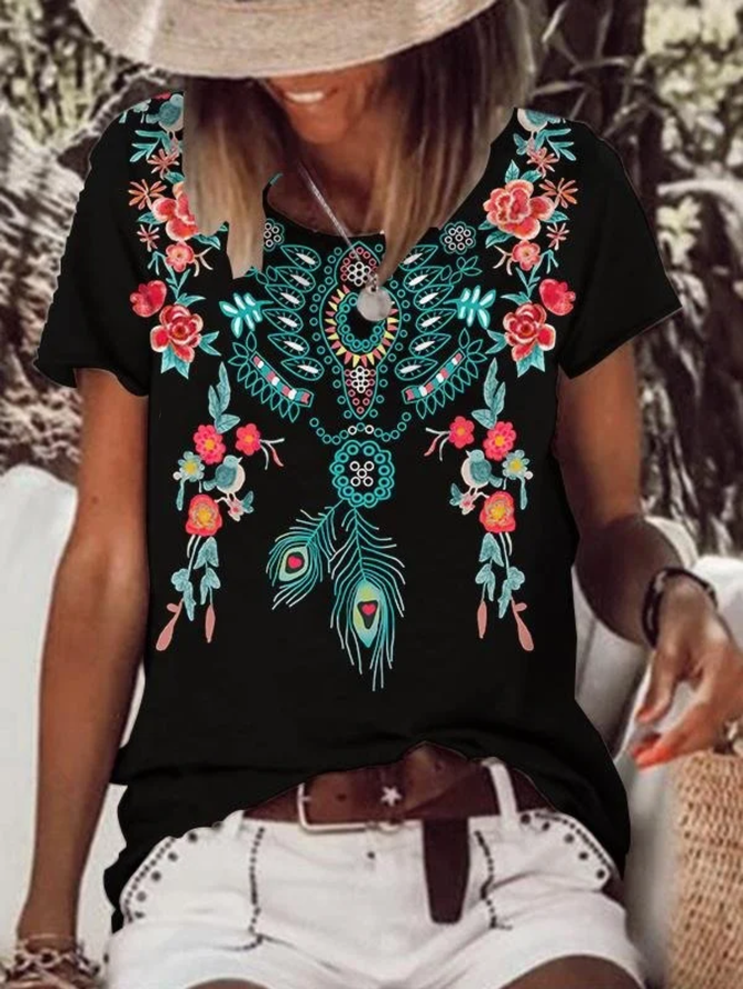 Regular Fit Ethnic Cotton-Blend Boho T-Shirt OU10